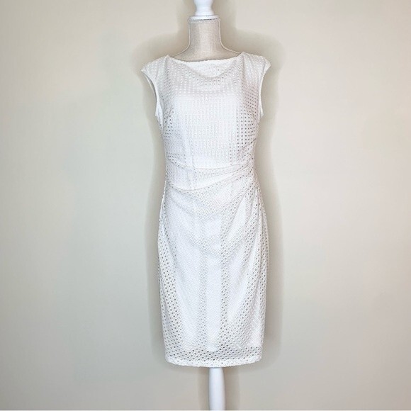 Chaps White Eyelet Sheath Dress Side Ruching Brunch Dress10 - Picture 1 of 9
